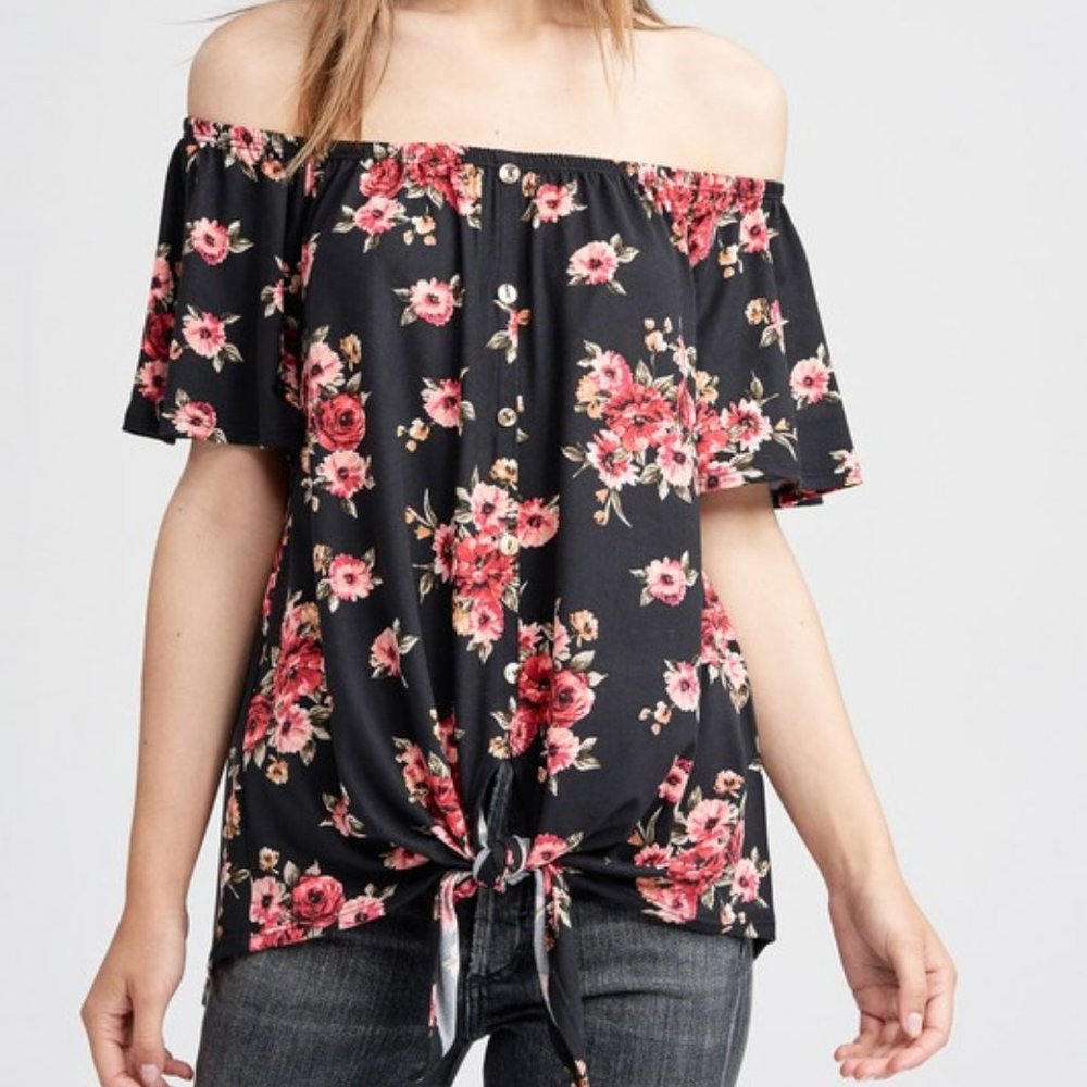 Black Floral Off the shoulder Top with knot front